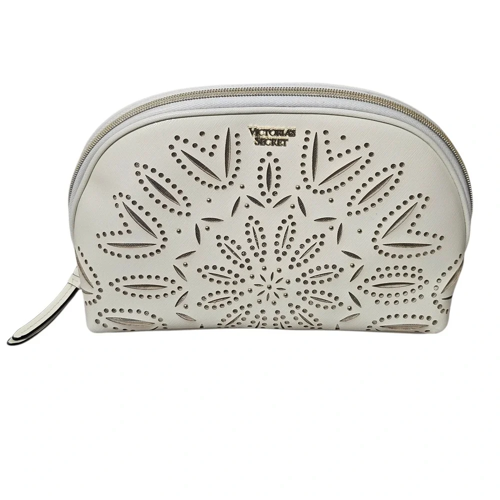 Victorias Secret Cream Laser Cut Floral Dome Cosmetic Bag‎ Makeup Travel Pouch